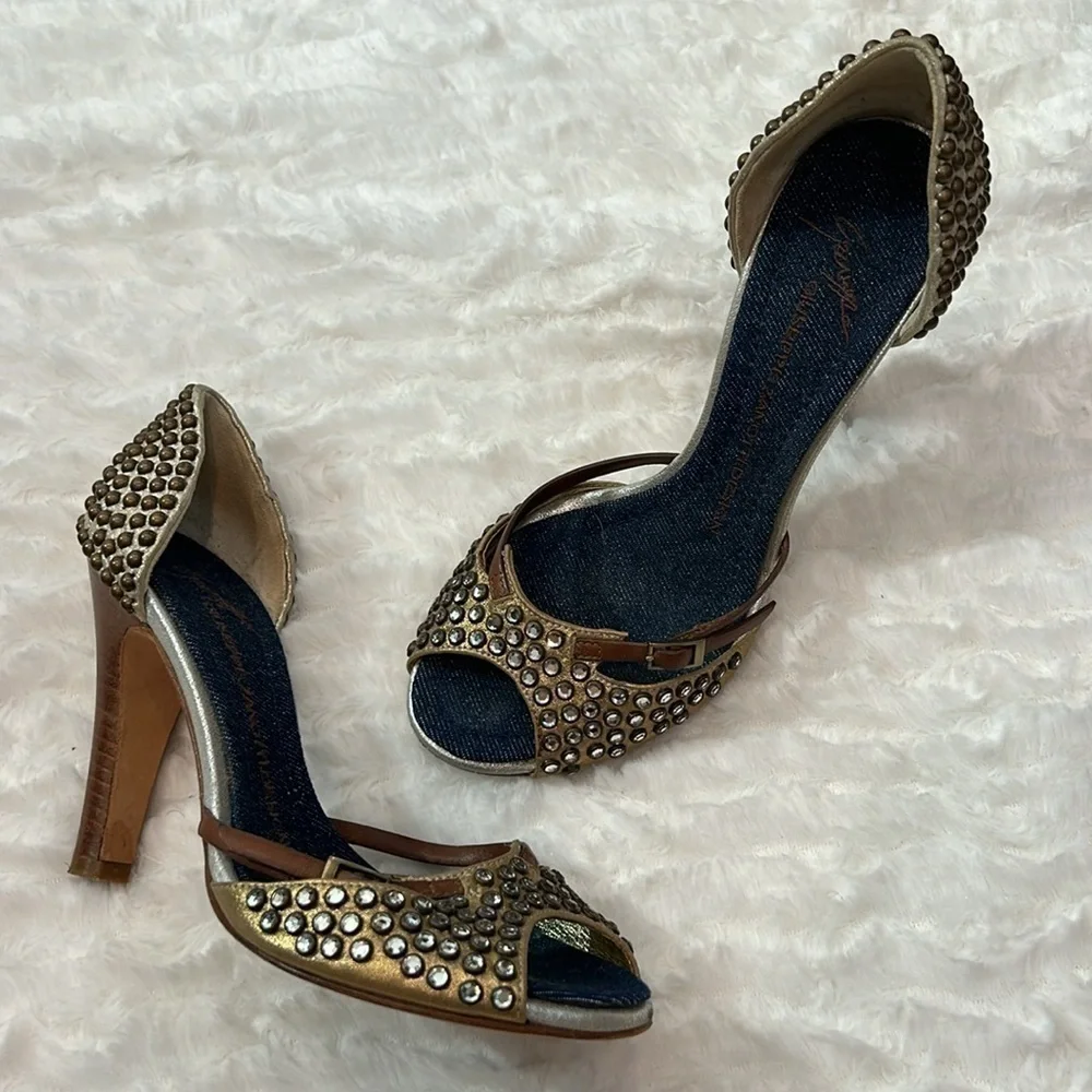 Giuseppe Zanotti Rhinestone Studded Bronze And Brown w Denim Insole Sandals 6.5